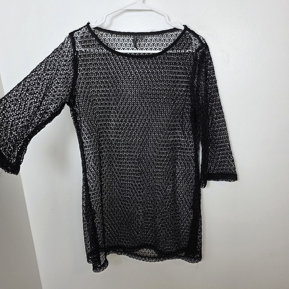 Portocruz Black Open Knit 3/4 Sleeve Gothic Sheer Festival Shirt Size Medium - Picture 2 of 6